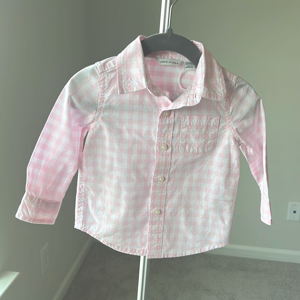 Janie and Jack Pink Button Down Shirt Classic Gingham 6-12 months NWOT!